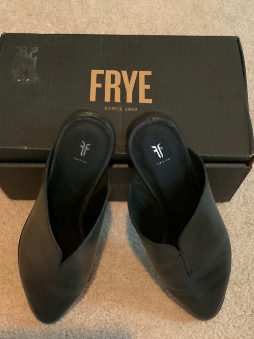Frye Black Leather Pointed Mule Slides